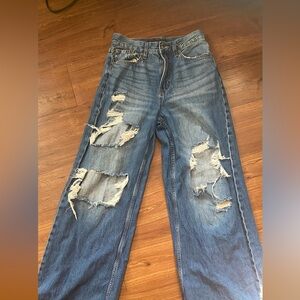 Aeropostale Women's Distressed Wide Leg Jeans - Blue